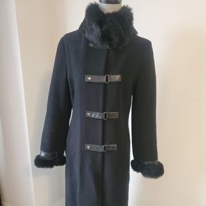 MACKAGE Black wool + cashmere coat with fur collar + cuffs and leather accents